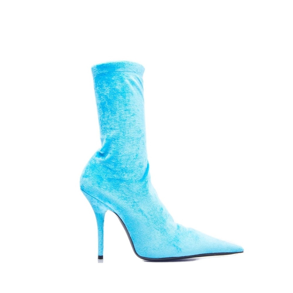 BALENCIAGA Knife Sock Boots Aqua Blue Velvet EU 38.5 US 8 Pointed Heels NWOB ⚪️ - Picture 2 of 12